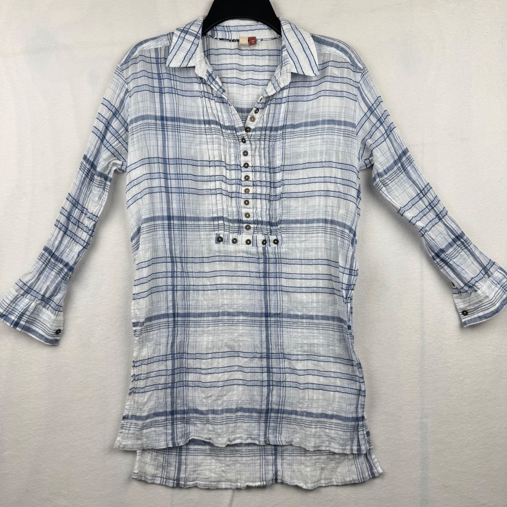 Pilcro Anthropologie Plaid Tunic Top XS Petite Blue‎ White Button Down